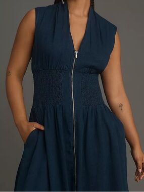 By Anthropologie The Tommie Cap Sleeve Smocked Front Zip Dress M